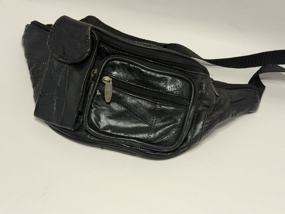 Vintage 90s Tinder Black Leather Patchwork Fanny Pack Waist Bag Crossbody Bag